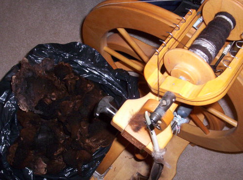 First time using the spinning wheel in months. First time spinning this fleece since rescuing it from moths. First time using the spinning wheel in months. First time spinning this fleece since rescuing it from moths.