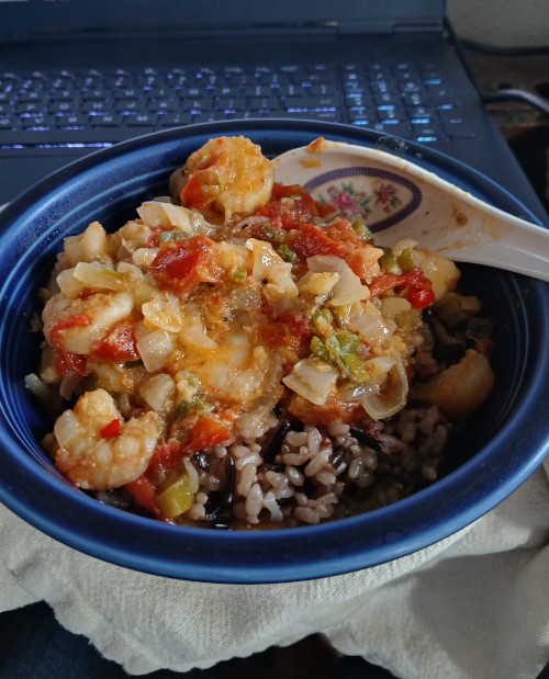 Dinner is served: Shrimp etouffee over a brown and wild rice mix. I promise not to spill any on my keyboard. Dinner is served: Shrimp etouffee over a brown and wild rice mix. I promise not to spill any on my keyboard.