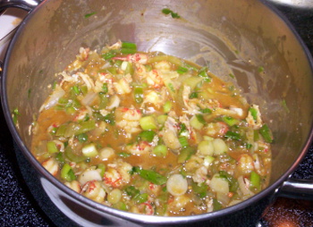 All ingredients are in. Now we wait for the final round of simmering. Just look how studded it is with crawfish tails!