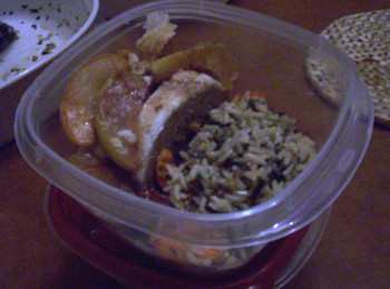 Leftovers packaged for single microwave-ready serving.