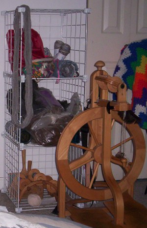 Tools of the trade. That's the new yarn, hanging to dry on the wire shelf.